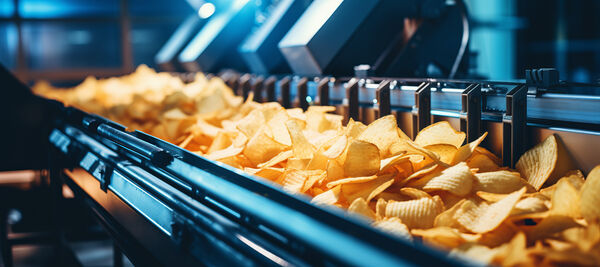 Freshly fried potato crisps moving along a conveyor belt in a food production line